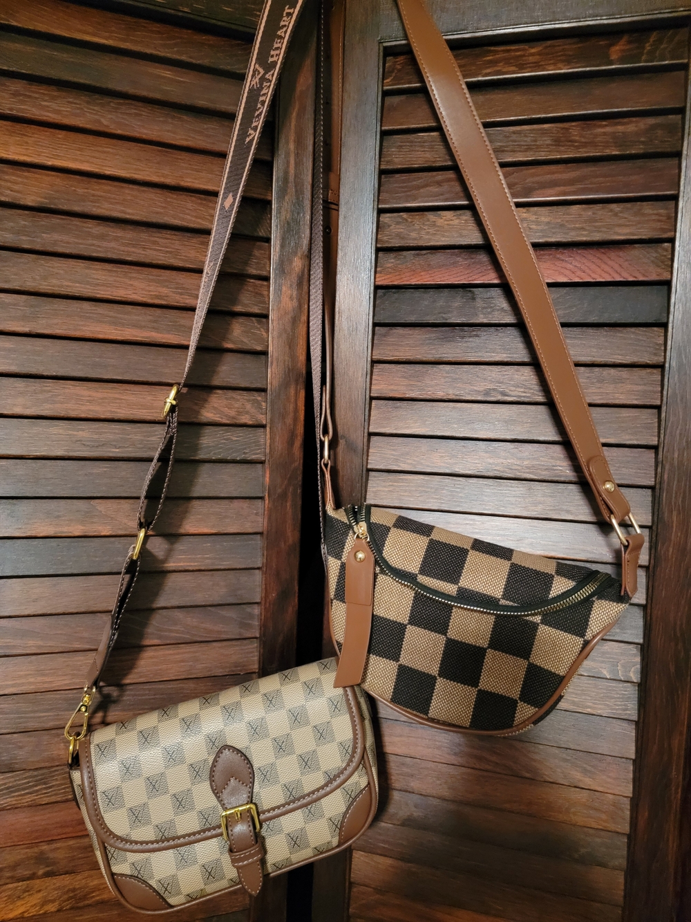 Amazon Brown Checker Pattern Crossbody Trio - Tan & Dark Brown Never Used